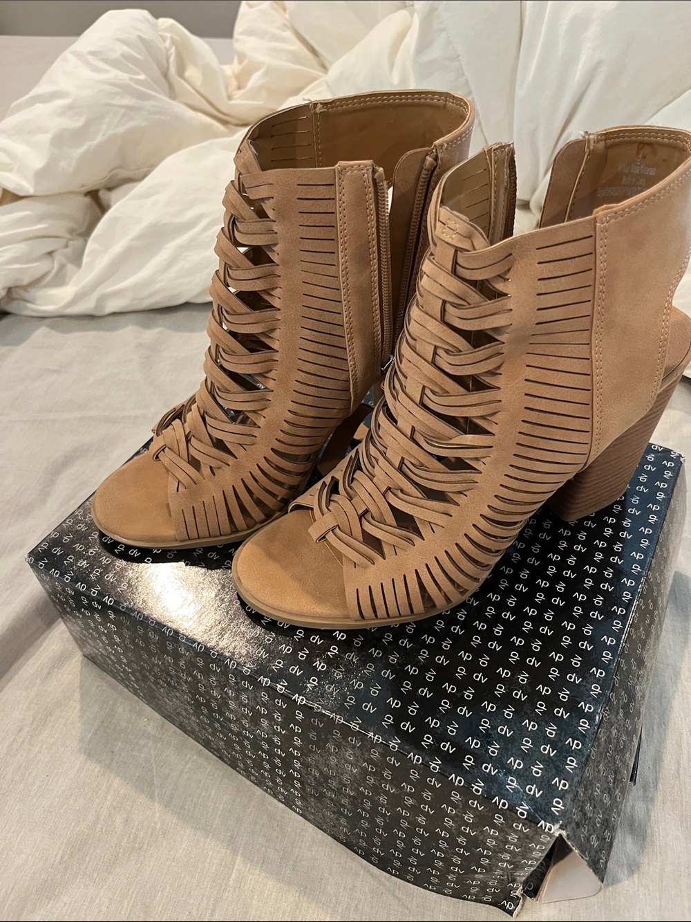 DV by Dolce Vita Tan Strappy Peep-Toe Block Heel Booties